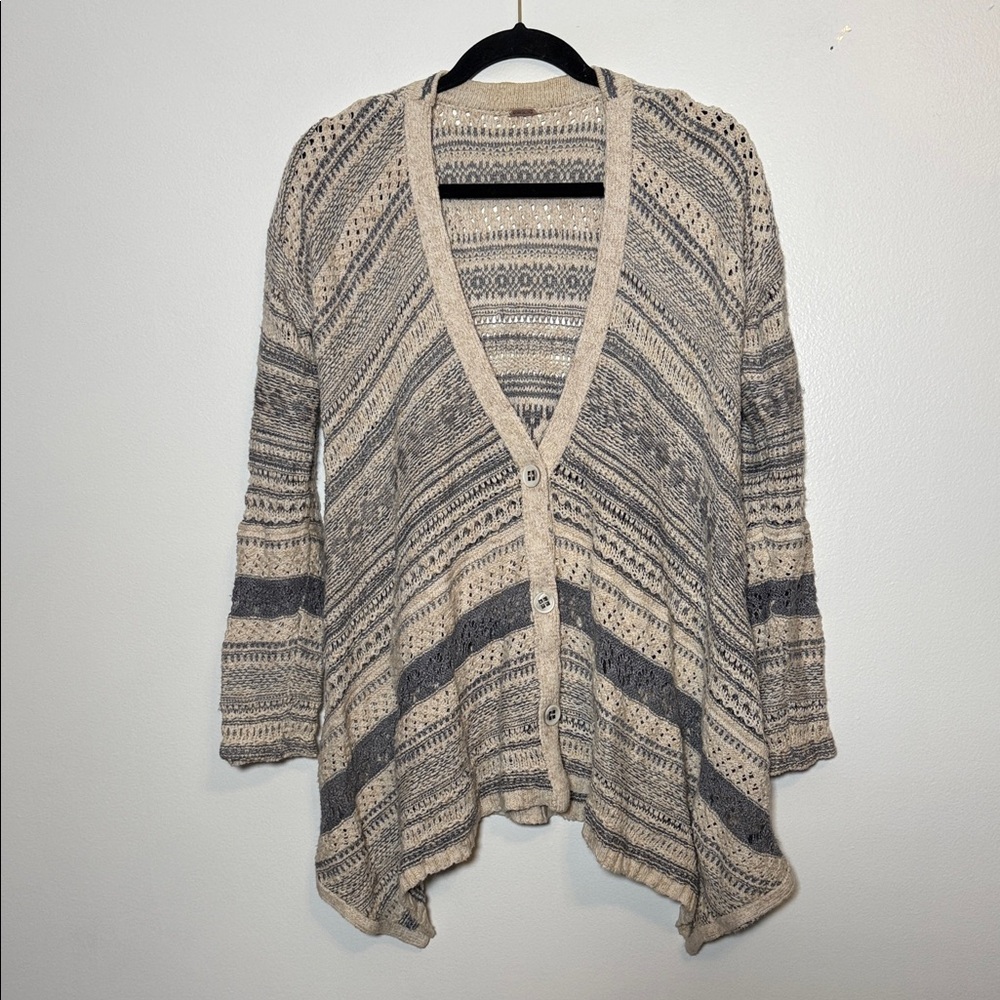 Free People Cream Denim Blue Chunky Knit Button Cardigan Boho